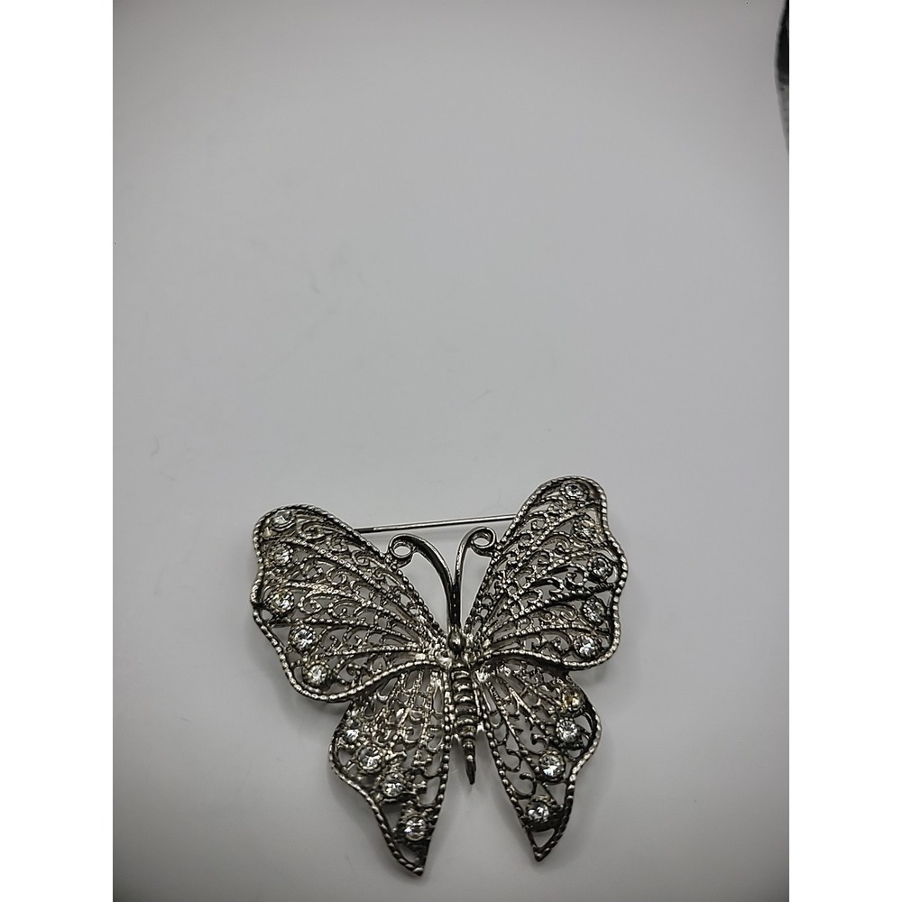 Vintage Brooch Butterfly Silver Tone Cutout‎ Crystal White Jewelry Costume